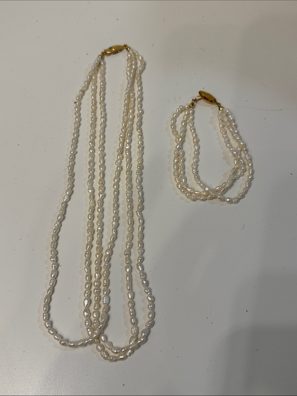 Freshwater Cultured Rice Pearl Triple Strand Vintage Necklace & Bracelet